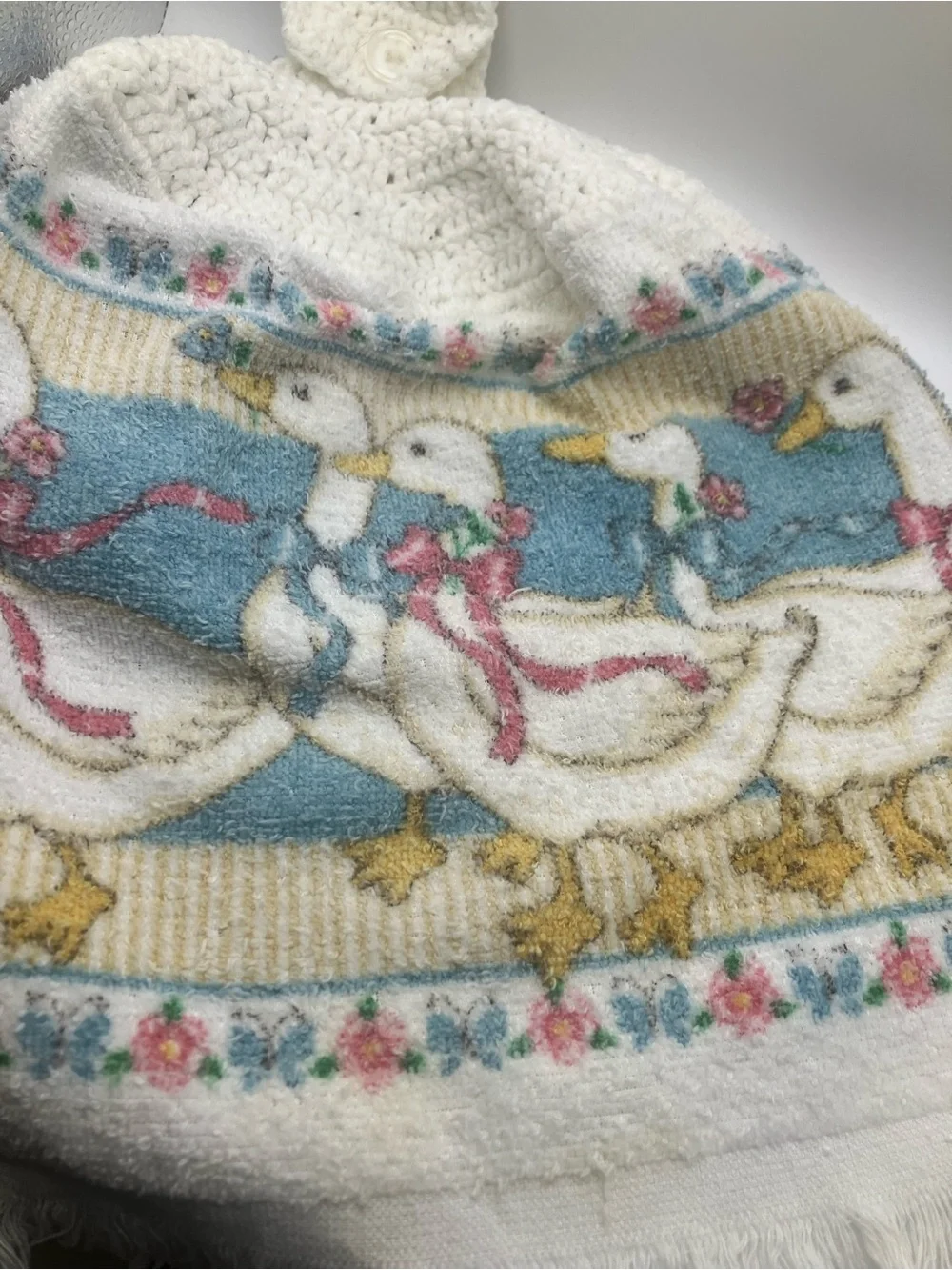 Vintage Goose Kitchen Towels White Goose Motif Knit top, checkered print